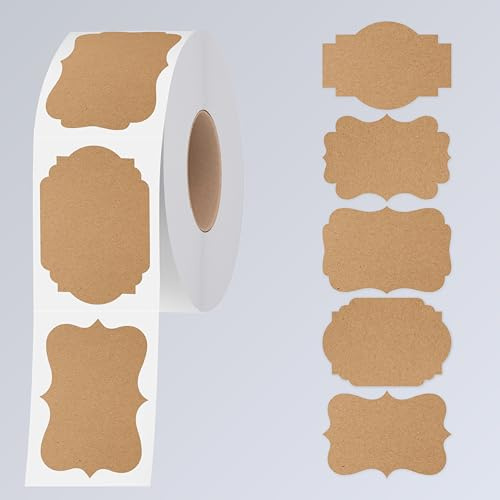300 st tomma etiketter i kraft, 5 fina former, tomma klistermärken, rulle, rustika namnetiketter med permanent lim för arkivmappar, matburkar, presentetiketter, hemmakontor och företag (5 x 7,6 cm)