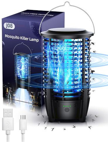 Matamoscas Electrico 2 en 1, Lampara Antimosquitos Exterior con luz, 3600 mAh Recargable Mata Moscas Exterior, Trampa Mosquitos, lampara Mata Insectos para Interior, Exterior, Camping