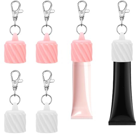 BOXOB 4 Stück Schlüsselanhänger Lipgloss, Weiß & Pink Lipgloss-Halter Tragbar Kappe mit Schlüsselring für Damen (Twill-Oberfläche)
