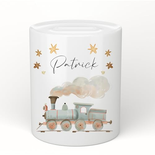 Manufaktur Liebevoll Spardose mit Namen Personalisierte Spardose Kinder Geschenk Baby Mädchen Junge Sparschwein Eisenbahn