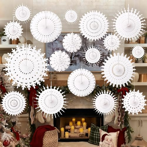 FALSKT 18 Stücke Schneeflocken Deko Weihnachtsdeko Weiß Papier Schneeflocken Weihnachtsschmuck Hängende Weihnachtsdeko für Fensterdeko Weihnachten Taufe Dekorationen Hochzeit Winter Deko