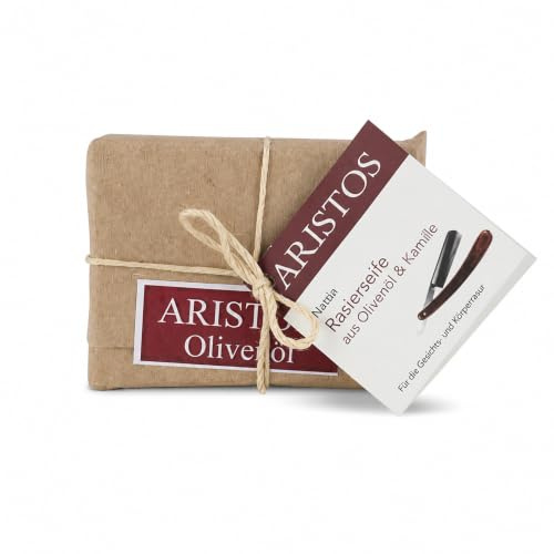 Rasierseife aus Olivenöl und Kamille | Seife für Mann und Frau | Kunststofffrei | Chemiefrei | Vegan | Gesicht und Körper | Griechenland | ARISTOS (1x 90 g)