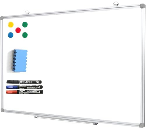 Splinktech ® Magnetic Whiteboard (W900xH600mm) Office Supplies Dry Erase Cleaner Wipe White Board Lightweight Aluminium Trim with Pen Tray Assorted Colours 3X Markers 5X Magnets 1x Eraser 90x60cm