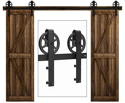 182cm/6FT Schiebe holztür,Schiebetürbeschlag Set Doppeltür Schiebetürsystem Zubehörteil,Schwarz-Big Spoke Wheel Sliding Barn Door Kit
