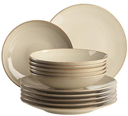 MÄSER Ossia 931734 Service de table moderne pour 6 personnes avec assiettes creuses et assiettes plates, style méditerranéen, en céramique, gris sable, 12 pièces