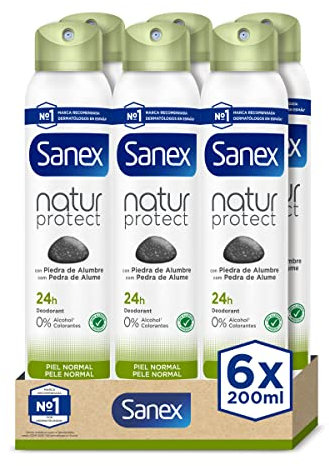 Sanex Mineral Protect Desodorante Spray, Pack 6 Uds x 200 ml, Protección 72H contra el Mal Olor, con Piedra de Alumbre, 0% Alcohol, Sin Alérgenos ni Colorantes, Piel Normal