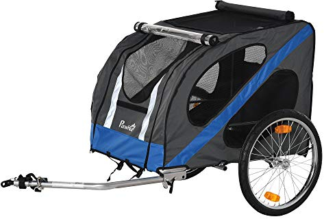 PawHut Hundeanhänger Fahrradanhänger Hundetransporter geländegängig Hunde Fahrrad Anhänger für Hunde Wetterfestes Oxford-Gewebe Stahlrahmen 145 x 80 x 87 cm Grau+Blau
