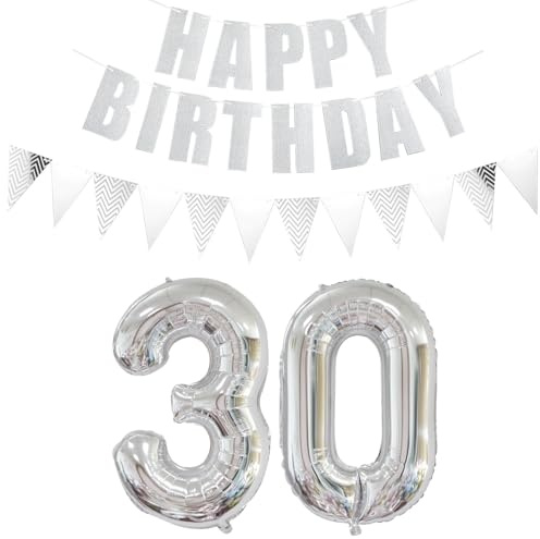 Luftballons Zahl 30 Silber + Happy Birthday Girlande + banner Folienballon 30.Geburtstags deko frau mann ballons 30 Jahre Geburtstag deko frauen Zahlenballon 30 Geburtstag dekoration Männer frau(30)