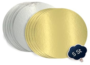 KitchENDREAM Kakbrädeset, tårtunderlägg, guld och silver, 3 mm tjockt kartong, för servering, transport och stapling av tårtor och kakor, livsmedelsgodkänd beläggning, 5 stycken x 28 cm