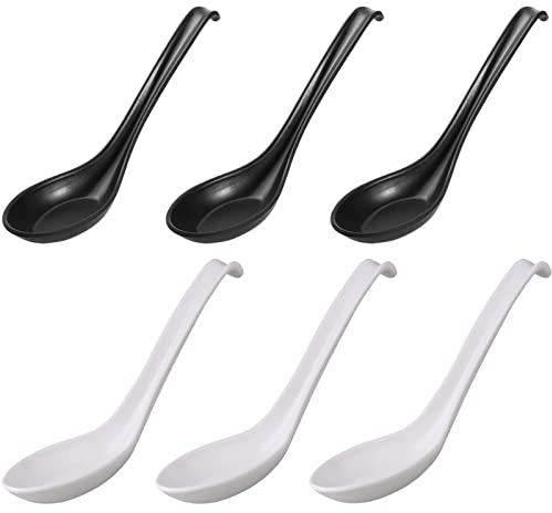 Zhenp - Cucharas de sopa de melamina (6 piezas, 16,5 cm, 6,5 pulgadas, cucharas de ramen japonesas, con mango largo y gancho, cuchara de fondo redondo para restaurante/cocina (blanco)