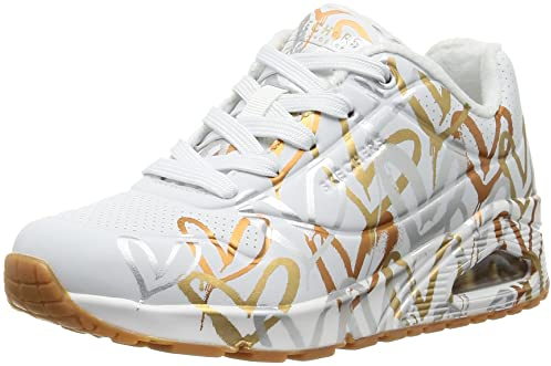 Skechers Damen UNO Love Sneaker, White and Multi Metallic Heart Print Durabuck, 40 EU