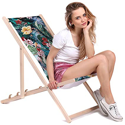 DreamRoots Liegestuhl klappbar Buchenholz, Green Jungle Flowers