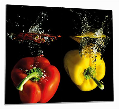 Wallario Herdabdeckplatte/Spritzschutz aus Glas, 2-teilig, 60x52cm, für Ceran- und Induktionsherde, Bunte Küche Paprika in rot gelb orange und grün im Wasser