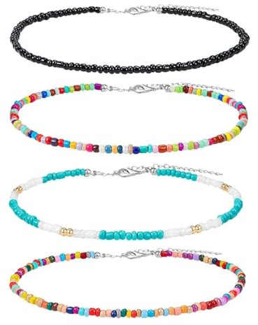 4 Pezzi Collana Surfer Girocollo di Perline Boho Gioielli in Vinile Africano, per Donne, Ragazze, Vacanza