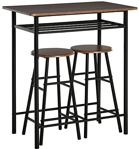 HOMCOM Set tavolo da bar con sgabelli, tavolo da pranzo in piedi con 2 sedie, ripiano e gambe in metallo, stile industriale, tavolo alto bar e 2 sgabelli, per sala da pranzo, cucina, nero