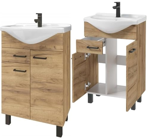 Domodomo Badezimmerschrank mit Waschbecken 85 x 55 x 42 cm Stehender Badezimmerschrank mit Schublade und Unterschrank, lackiert, Elegantes Set mit Keramikwaschbecken