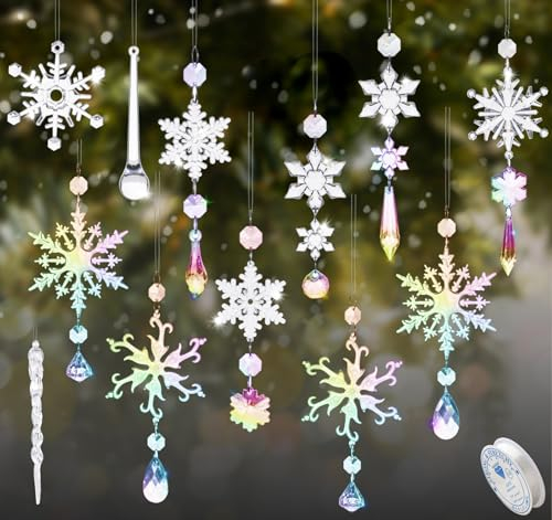 ilauke 20Pcs Christmas Tree Crystal Decorations, Snowflake Icicles Hanging Christmas Ornaments, Acrylic Colored Crystal Pendants for Xmas Tree, Outdoor Indoor Party Decor Supplies