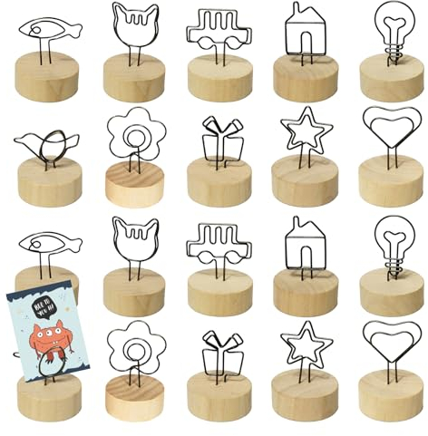 20 Pezzi Segnaposto, Segnaposto Porta Carte da Tavolo, Porta Memo Clip con Base Legno, per Matrimonio, Compleanno, Festa, Ufficio, Ristorante, Scuola, Decorazione della Tavola, 15 Forme Diverse