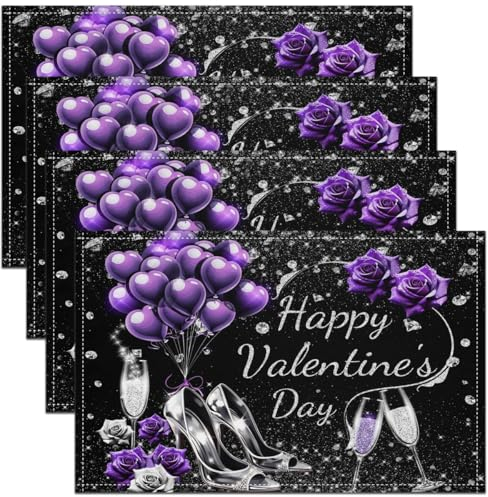 Homewish Set di 4 tovagliette per San Valentino, 30,5 x 45,7 cm, romantiche tovagliette viola rosa per lei, mogli, fidanzate, glitterate, tovagliette per bicchieri da vino con tacchi alti, colore nero