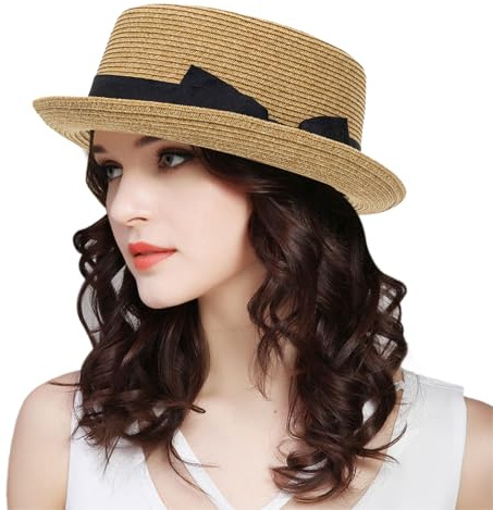 Klassischer Pork Pie Stroh-Sonnenhut für Damen und Herren, Sommerhut mit Rollkrempe, Fedora-Hut, Strandhut mit Schleife, Khaki-Stil 1, Einheitsgröße