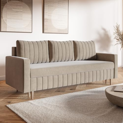 MOTIVENA Leo Sofagarnituren, 3 Sitzer Sofa mit Bettfunktion, Schlafsofa 215 cm Breit, Klappsofa mit Schlaffunktion, Bettsofa mit Schlaffunktion, Bonellfederkern (H4), Samt Beige