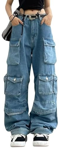 Hugboom Pantalones Cargo Holgados para Mujeres y niñas, Jeans de Pierna Ancha Y2k Hip Hop Streetwear de Talle bajo, Jeans de Gran tamaño, Ropa Grunge, Color Azul, Blue2, Medium
