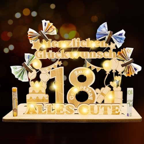 Idota 18 Geburtstag Geschenk Frauen & Männer - Geldgeschenke Geburtstag | Holz-Schild Gästebuch 18 Geburtstag Deko Geschenke mit LED Lichterketten, Personalisierbares Geschenk, 18 Geburtstag Mädchen