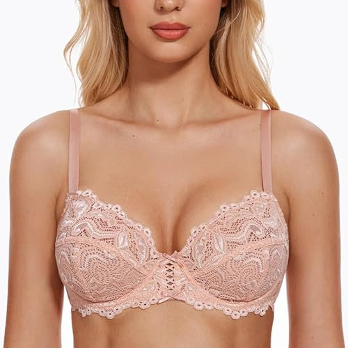WingsLove Women's Floral Lace Bra Underwire Non Padded Soft Cup Full Coverage Pink Nude 34F