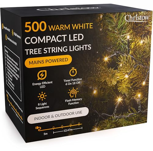 CHRISTOW 5ft Christmas Tree Lights, 500 Warm White LED Fairy Lights with Timer, 8 Light Modes, Energy Efficient 3mm LEDs, Indoor & Outdoor, Mains Powered, Green Cable (12.47m Lit Length)