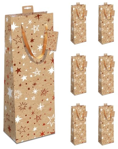 PremiumLine Geschenktaschen für Flaschen Weihnachten 6 Stück | Kraftpapier Flaschentüten edle Geschenktüten für Wein Sekt Champagner | farbige Kordel, Namenskarte | Sterne | Skorpion Papeterie