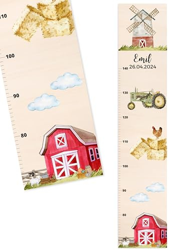 Bärenfreunde® - Personalisierte Messlatte Kind Holz zum Kleben oder Aufhängen - Skala 70-140cm - Süße Dekoration für Baby- & Kleinkinderzimmer (Kinder 70-140cm, Bauernhof)