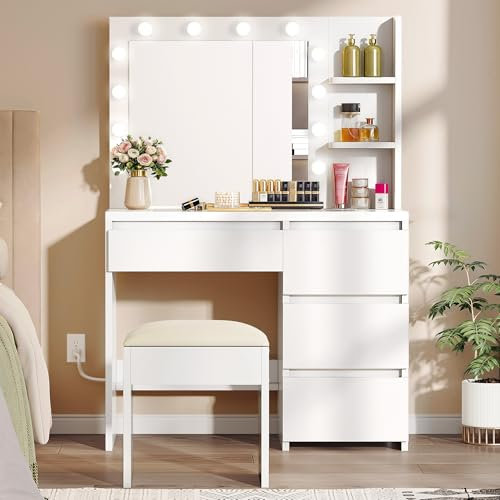 YITAHOME Schminktisch mit Beleuchtung, Dressing Table mit Spiegel Schminktische mit Hocker 3 Farben mit Einstellbarer Helligkeit, Frisiertisch mit 4 Schubladen Offenen Fächern Vanity Table weiß