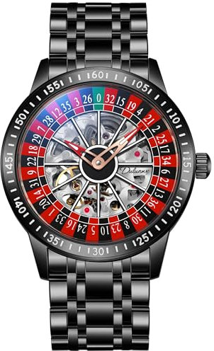 MASTOP Roulette Rad Herren Uhren Automatische Mechanische Uhr für Männer Swinging Rotary Dial Design Hollow Skelett Uhren Edelstahl Wasserdicht Business Armbanduhr, Schwarz, Roulette-Rad-Armbanduhr