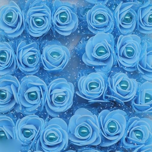 HXFFXHF 24/72 Stück 3 cm Schaumrose mit Imitationsperle, künstliche Blumen für Hochzeitsdekoration, DIY Brautkranz, Zuhause, künstliche Blume-F08 blau, 72 Stück
