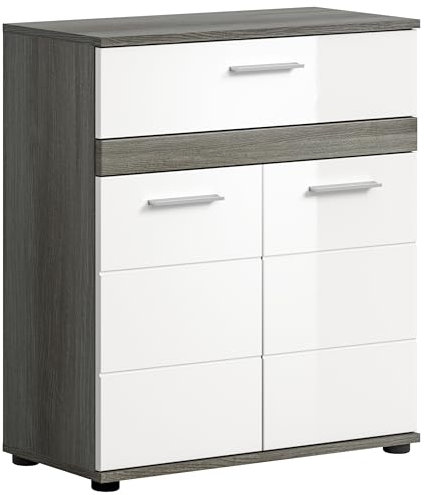 xonox.home Badezimmer Blake Kommode Schrank Midischrank Badezimmerschrank Badschrank in Front weiß Hochglanz Korpus rauchsilber Nb.ca. 35x79x31 cm