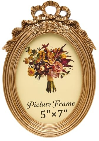 JANDERART Vintage Oval Picture Frame 5x7 Inch, Antique Ornate Photo Frames with Glass Front, Tabletop & Wall Hanging, Gold