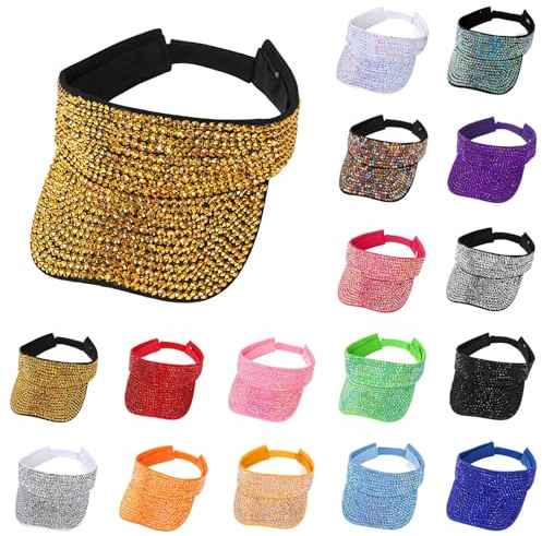 Women Bling Rhinestones Sun Hat Sport Visor Caps, Sun VisorCap, Empty Top Baseball Cap Adjustable Sports CasualCap, Breathable Ponytail Baseball Hat, Tennis Summer VisorHats for Outdoor Gold