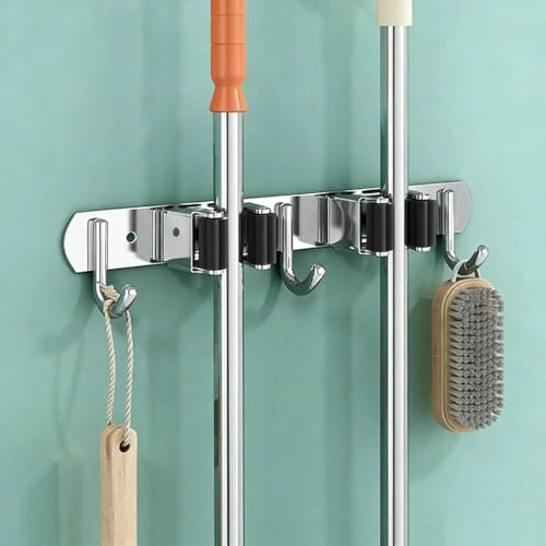 SRJQXH Besenhalterung Wand, Selbstklebender Besenhalter mit 2 Halterungen und 3 Haken, Edelstahl Besen Mop Halter für Bohr und Klebemontage, Wandhalter Besen für Balkon Garage Garten