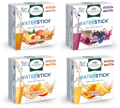 L'Angelica Waterstick Cassa Mista, 4 Gusti, 4 Astucci da 12 Stick | Vitamine e Sali Minerali, Zero Zuccheri e Calorie, Senza Conservanti, Tè Pesca, Ananas, Mango, Arancia e Frutti Rossi