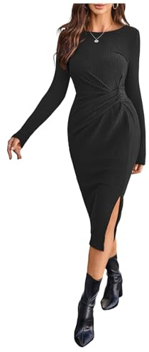 GORGLITTER Women's Twist Front Split Thigh Pencil Midi Dresses Long Sleeve Crewneck Ruched Going Out Dress Black Medium