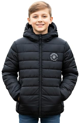 Sunny Sprout Manteau garçon automne-hiver - Doudoune légère capuche coupe-vent pour enfants - Veste polaire imperméable Noir 9 ans