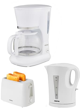 GEEPAS 1.5L Filter Coffee Machine, 1.7L Kettle & 2 Slice Toaster Set White