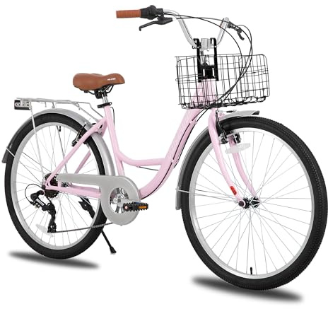 HILAND Cykel Cruiser för kvinnor med bagagehållare och korg, 26 tum, 7 hastigheter, låg stålram, V-bromsar, integrerade stänkskärmar, perfekt för promenader och stad - rosa