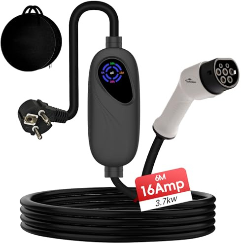 TopAutoGear Ladekabel Elektroauto Typ 2 schuko - 3,7kW,1-Phase,[6m, 8-16A], Mobiles Ladegerät - Kompatibel mit Model 3/Y, ID.3/4/5, MG4, Q4, GLA, Zoe und weiteren E-Autos & Plug-in-Hybriden