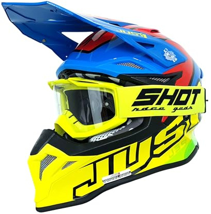 Adults Motocross Helmet Just1 J39 Neon Yellow Red Blue ECE 22.06 ACU Gold Approved MX Off Road Helmet - FREE MX Goggles (L)