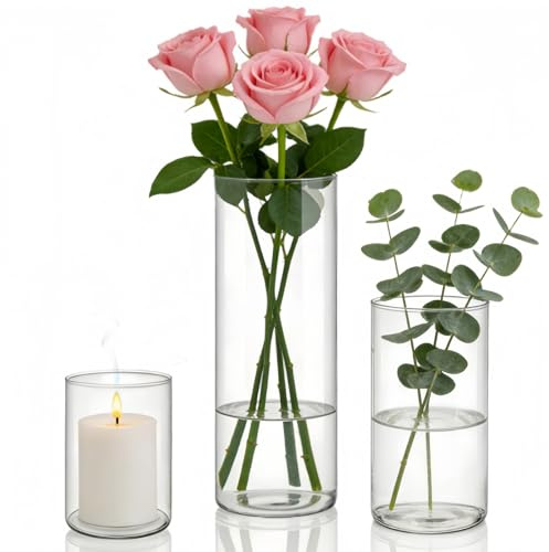 3Pack Cylinder Glass Flower Vase Clear, Bud Vases for Flowers, High borosilicate glass vase, Vases for Table Decoration, for Wedding Centrepiece Party Birthday Living Room Decor Home Shower Hurricane