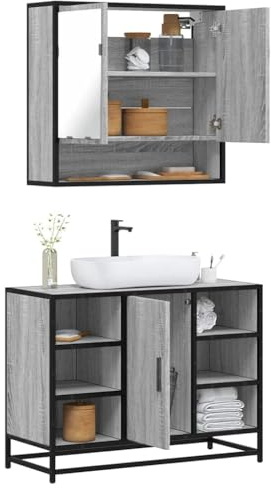 JHQHSM Set Mobili da Bagno 2 Pezzi Grigio Sonoma in Legno Multistrato con Struttura Metallo e Specchio Vetro, Mobile Lavabo e Armadietto Specchio per Bagno, Design Industriale,