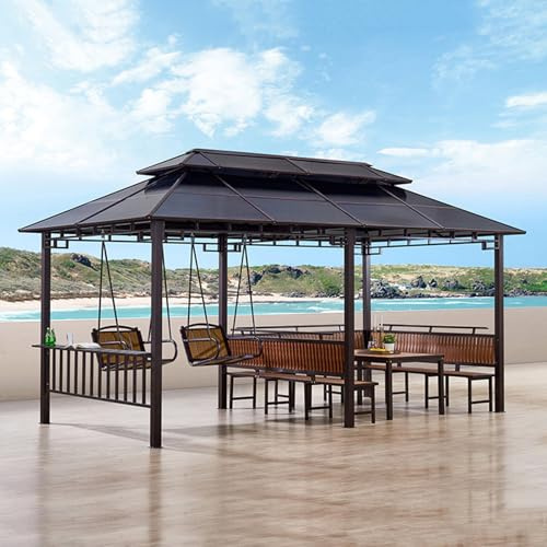 Pavillon Wasserdicht mit Doppeldach,Tisch, Bänke, Schaukeln Garten pavillon mit Vorhängen und für Terasse, Pavilion für Hinterhöfe, Gärten und Rasenflächen (Teakfarbe, 3X5.35M Ohne Vorhänge)