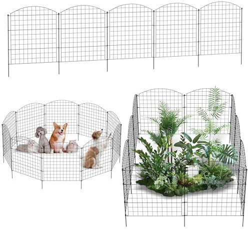 XMTECH Teichzaun Gartenzaun Gitterzaun mit 10 Zaunelementen und 12 Befestigungsstäben, Schwarz, dekorative Metall Zaunelemente, Steckzaun für Garten, Teich, Blumenbeet, Hunde, Gitterzaun Set Oberbogen