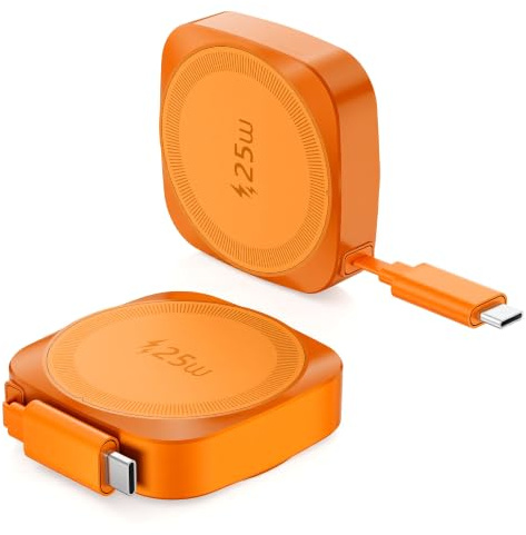 25 W trådlös laddare med infällbar USB-C-kabel, snabb Qi2.2 magnetisk laddare, kompatibel med MagSafe för iPhone 17/16/15/14/13/12/Airpods Pro, vikbar bärbar 25 W trådlös laddningsdyna, orange